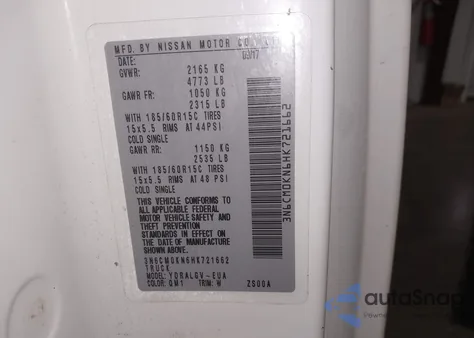 2017 Nissan Nv200 Sv from USA, damaged, VIN 3N6CM0KN6HK721662